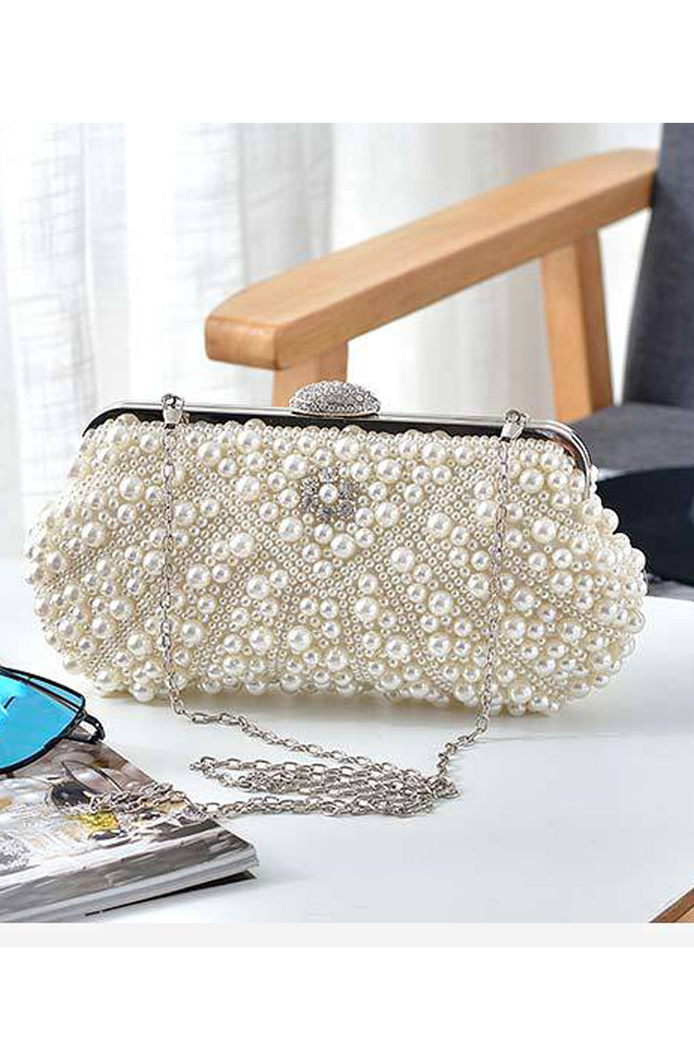 Women Pearls Stylish Handle Party Clutch Bag