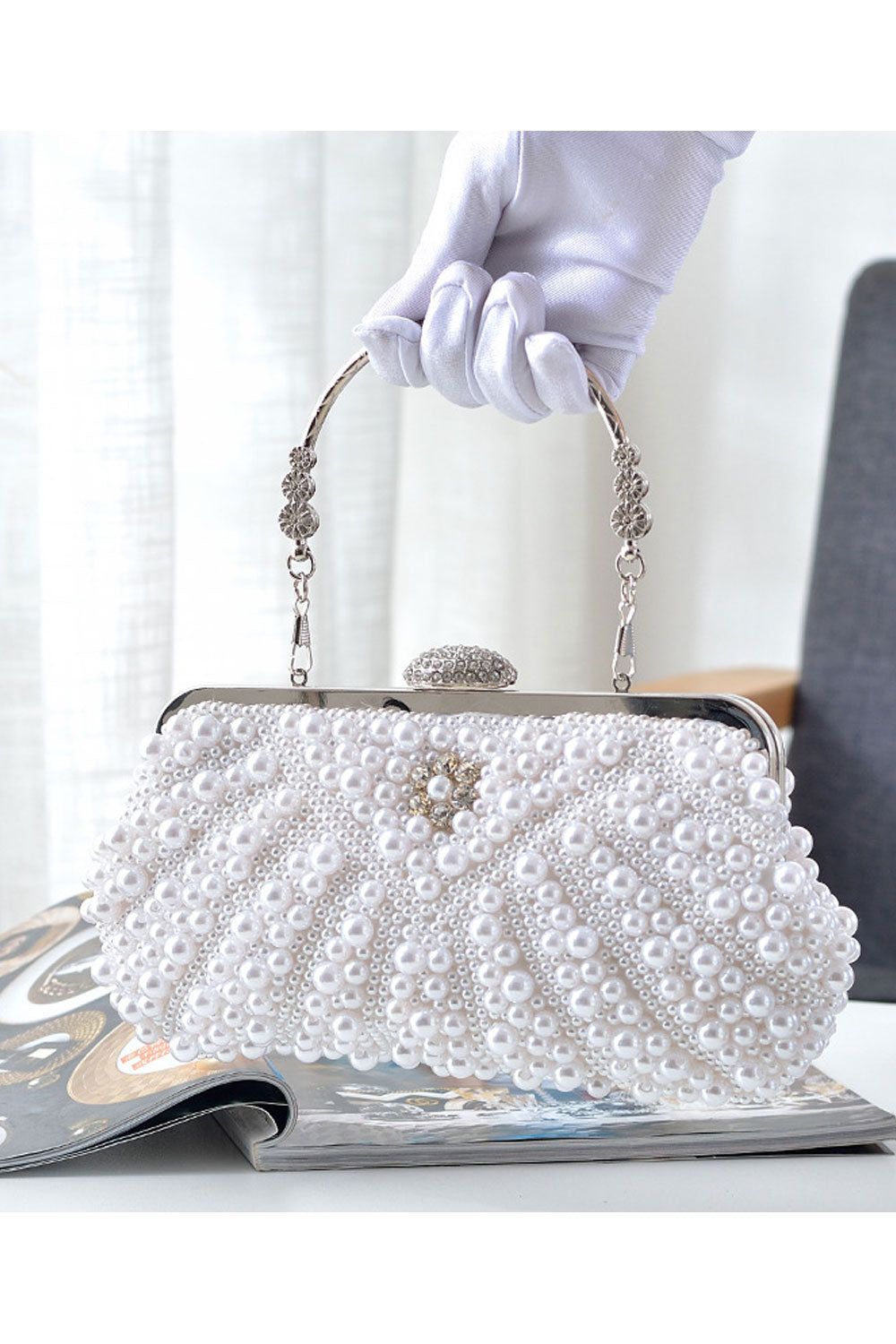 Women Pearls Stylish Handle Party Clutch Bag