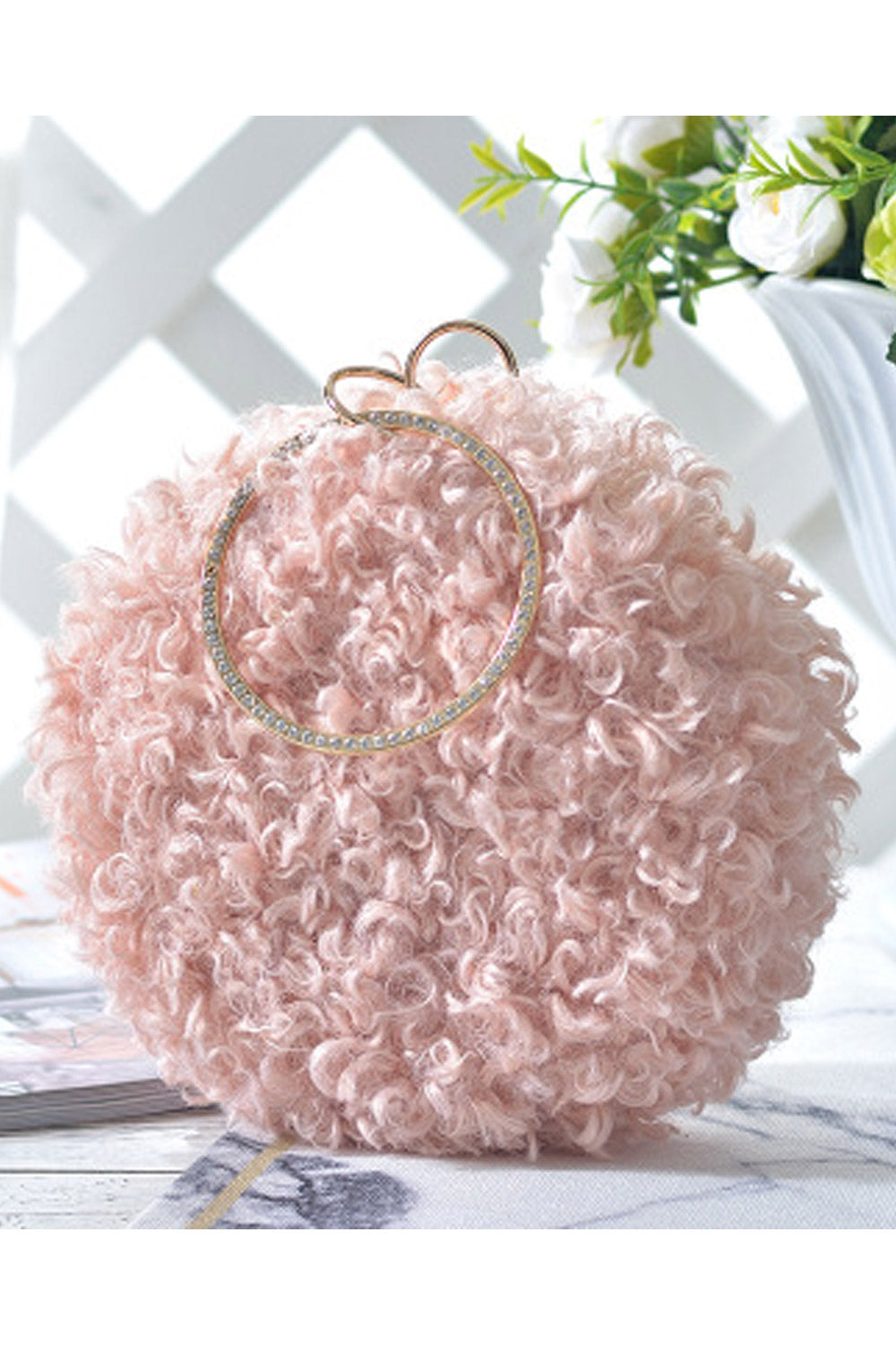 Women Fashion Hairy Round Handle Clutch Bag