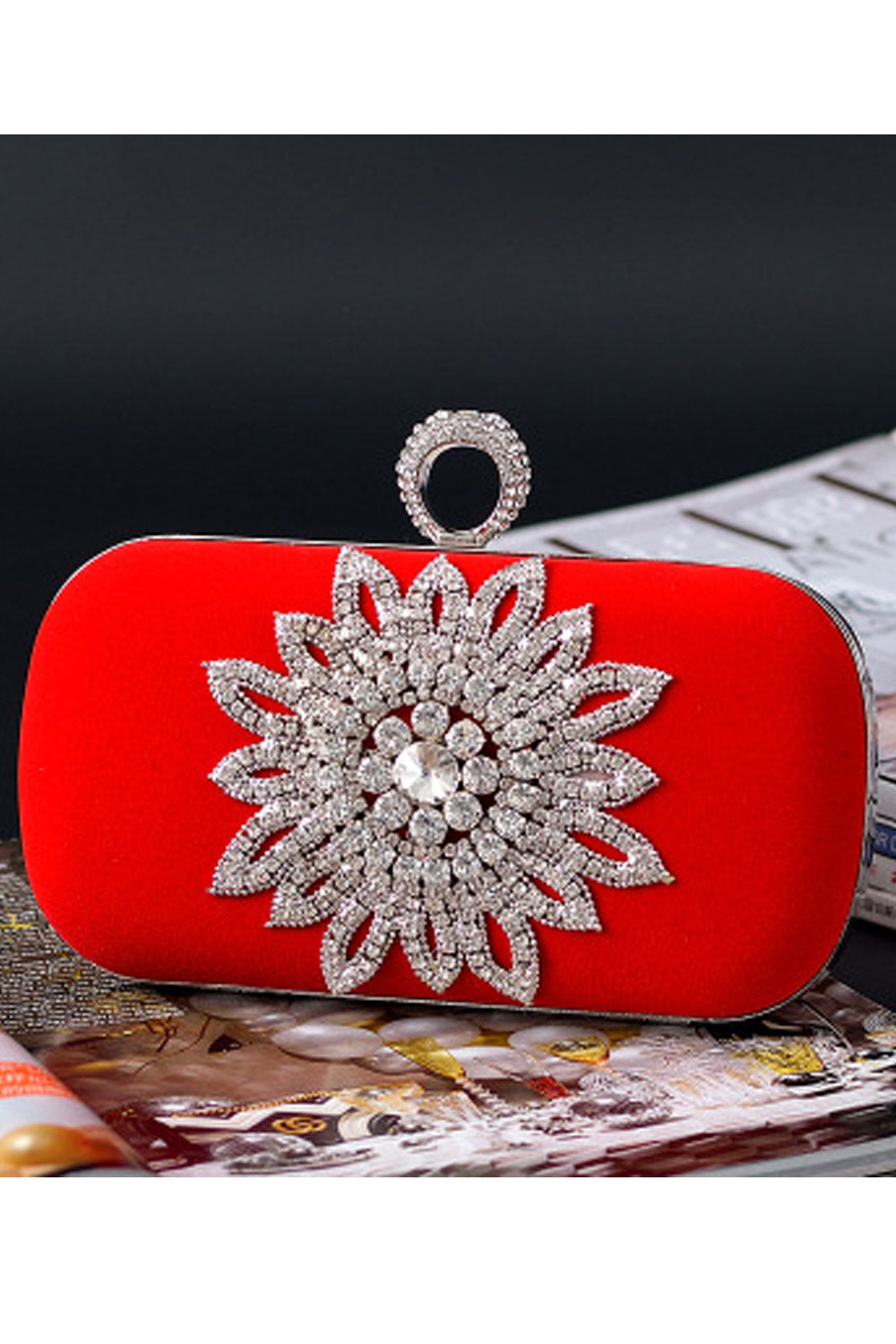 Women Flower Decorated Ring Hook Clutch Bag