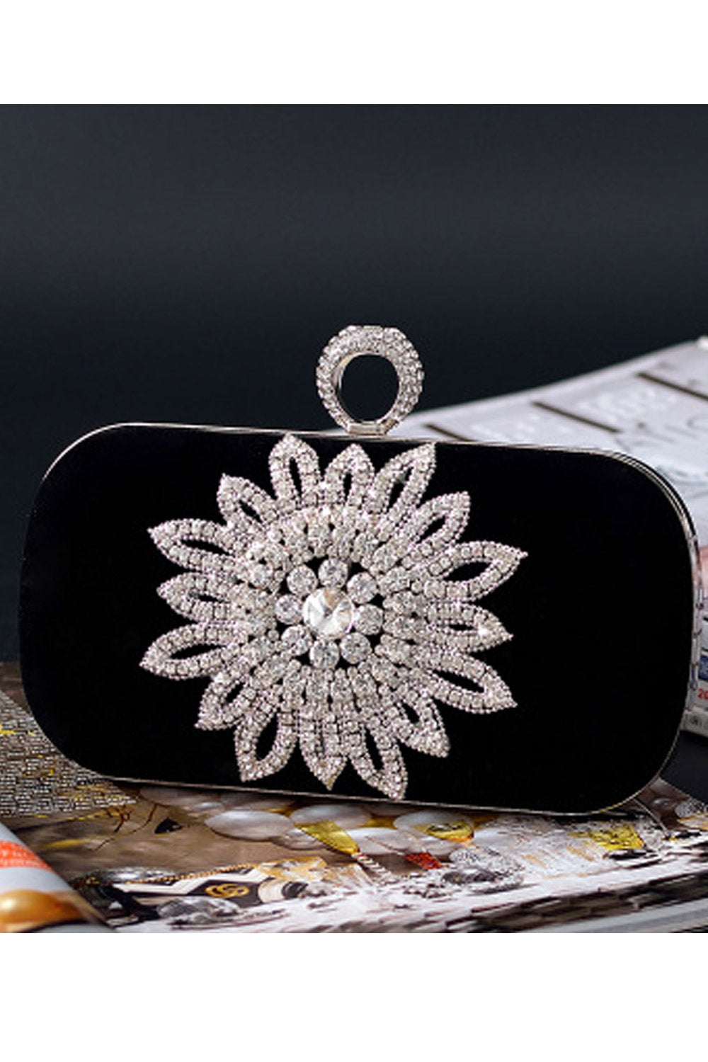 Women Flower Decorated Ring Hook Clutch Bag