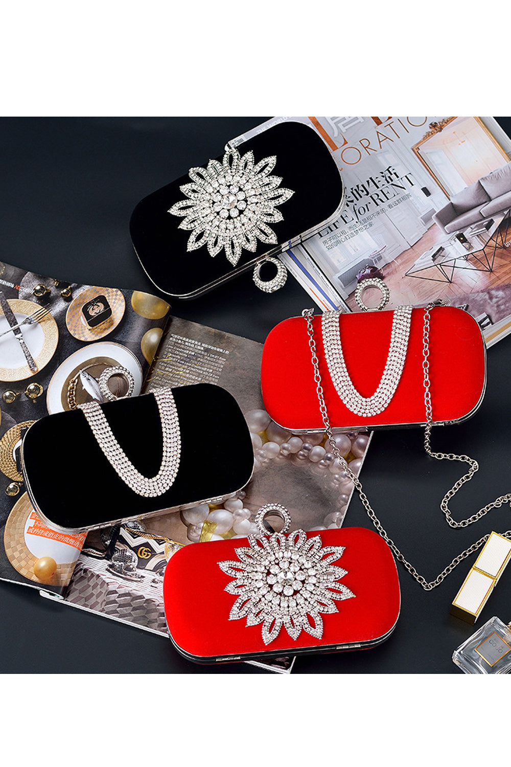 Women Flower Decorated Ring Hook Clutch Bag