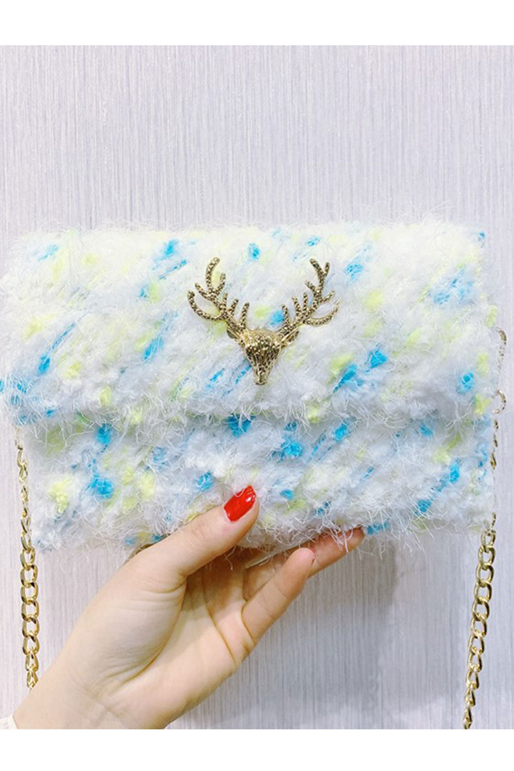 Women Soft Hairy Button Closure Long Chain Handbag