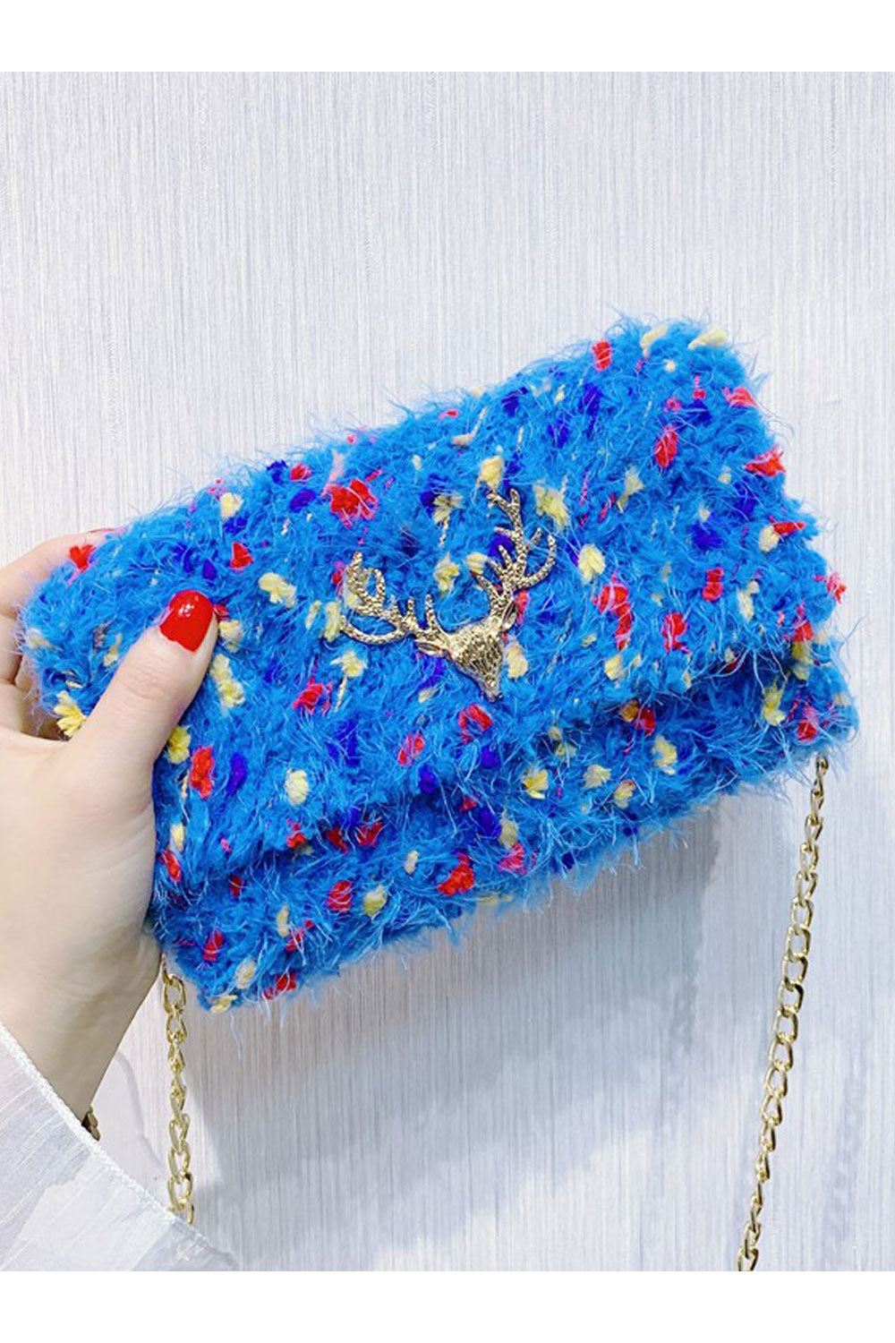 Women Soft Hairy Button Closure Long Chain Handbag