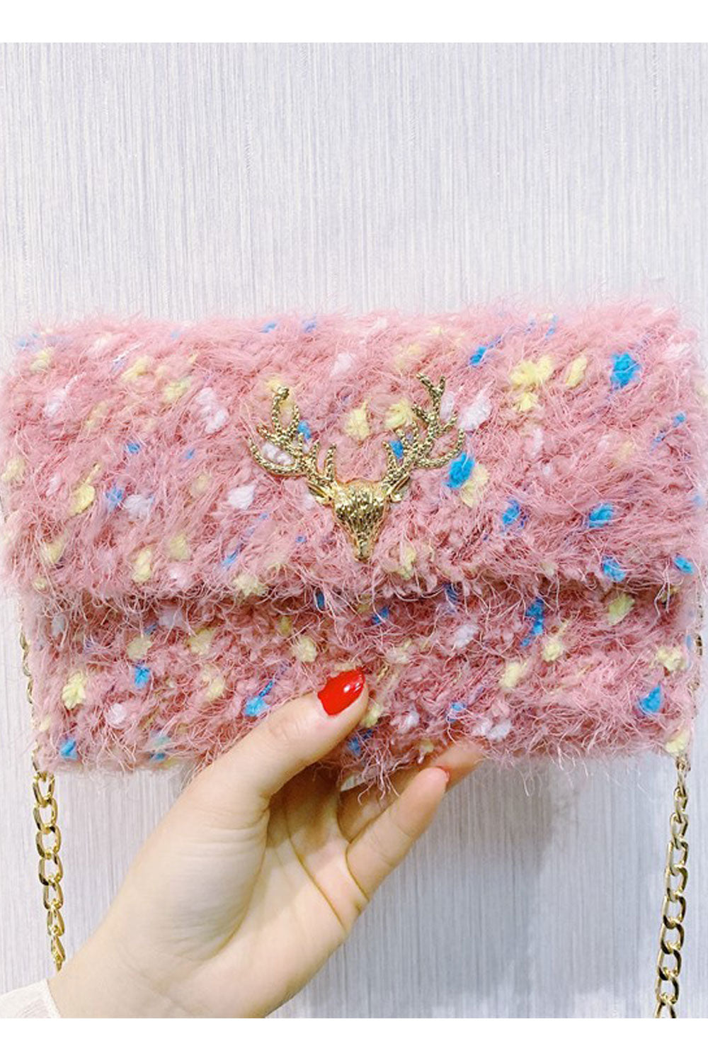 Women Soft Hairy Button Closure Long Chain Handbag