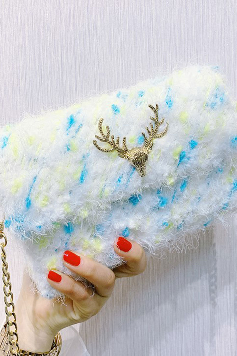 Women Soft Hairy Button Closure Long Chain Handbag