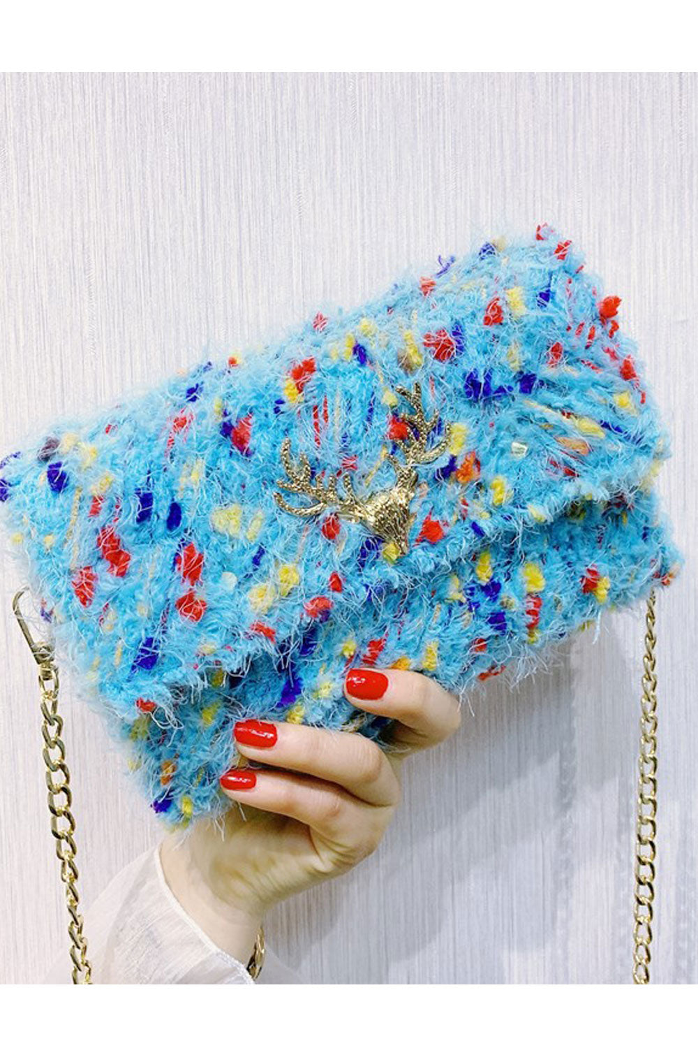 Women Soft Hairy Button Closure Long Chain Handbag