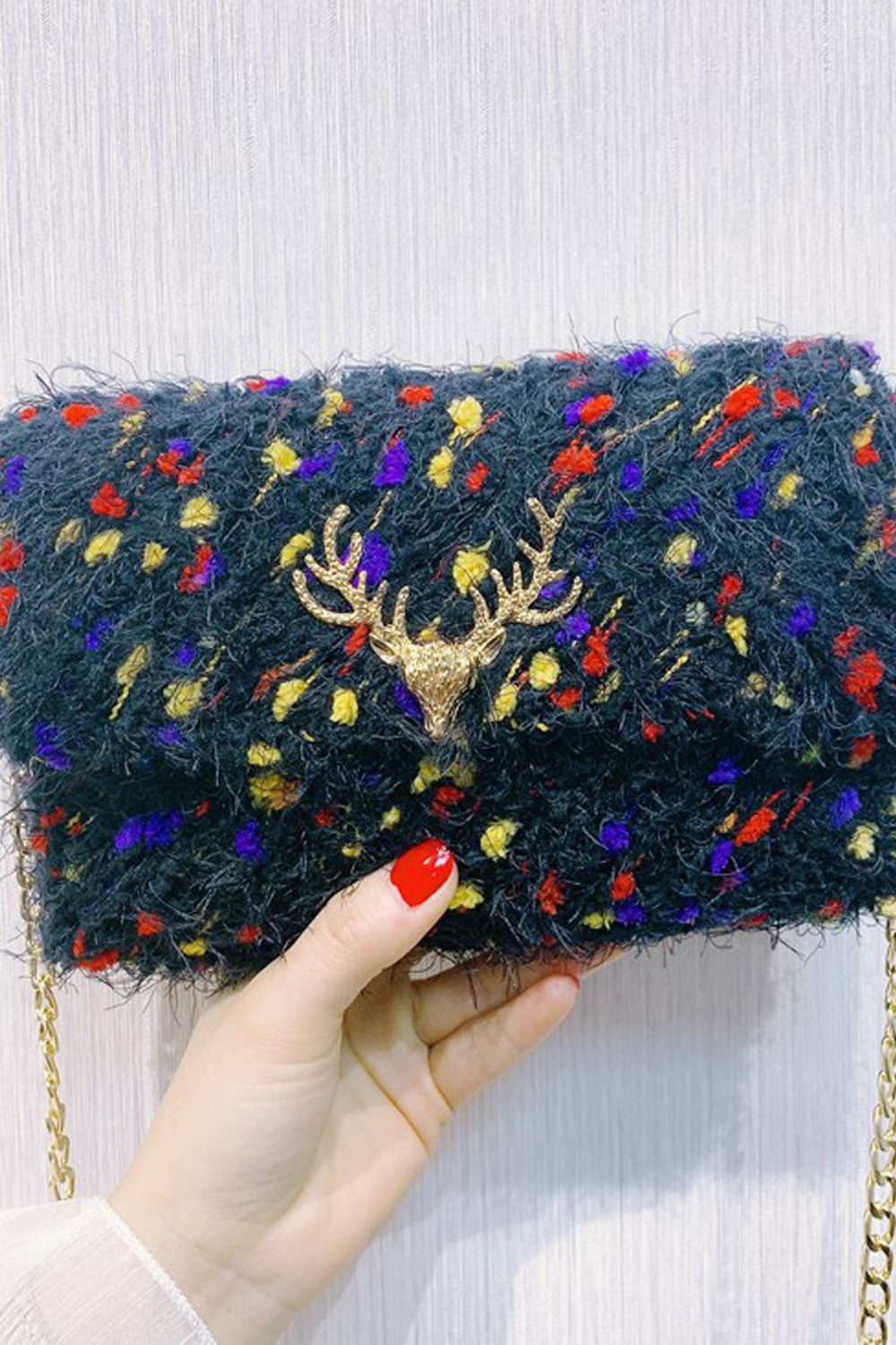 Women Soft Hairy Button Closure Long Chain Handbag