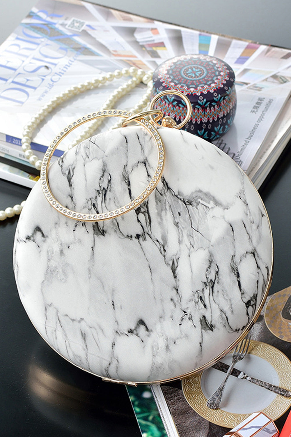 Women Marble Surface Round Shape Lock Closer Handbag