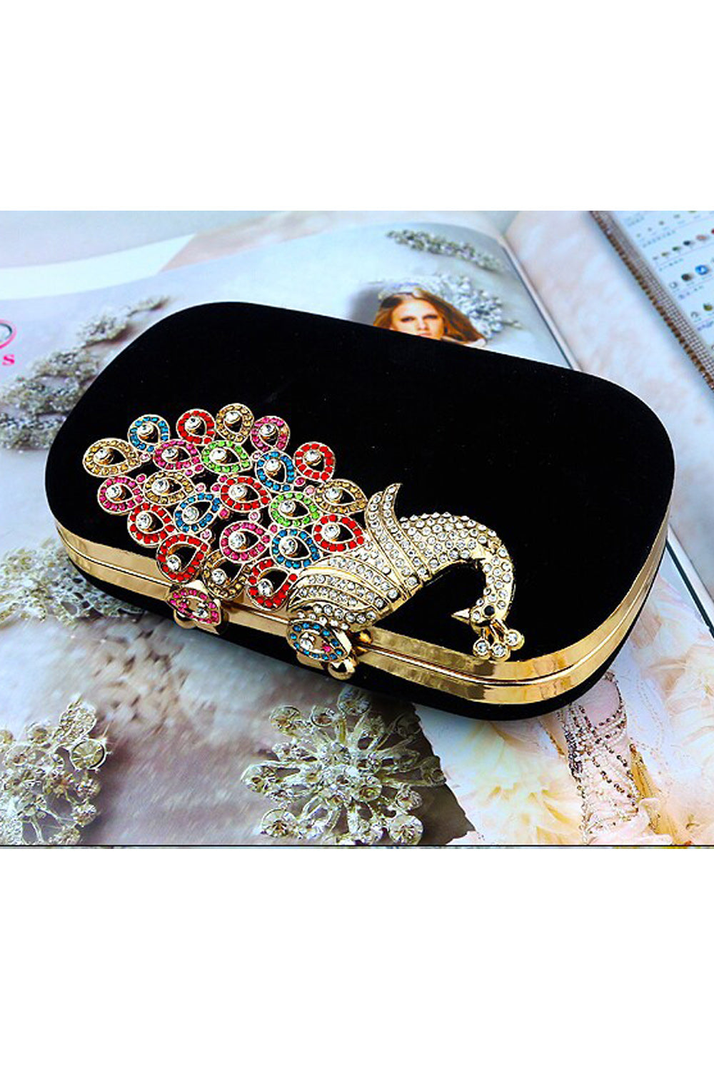 Women Beautiful Peacock Decoration Velvet Surface Party Clutch
