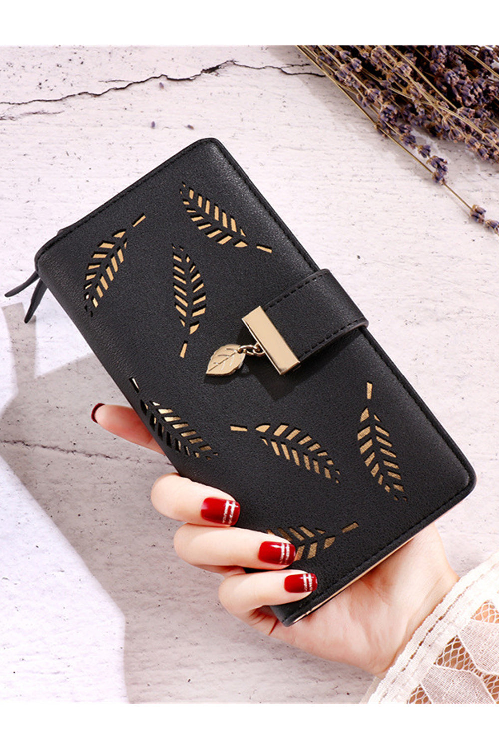 Women Hollow Leaf Cash & Card Holder PU Wallet