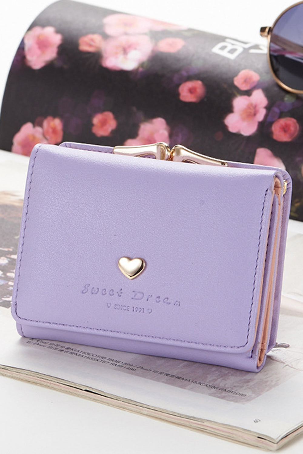 Women Tiny Heart Zipper Closure Two Folds Wallet