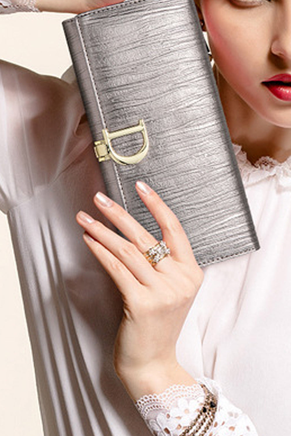 Women Striped Two Folds PU D Buckle Card Holder Wallet