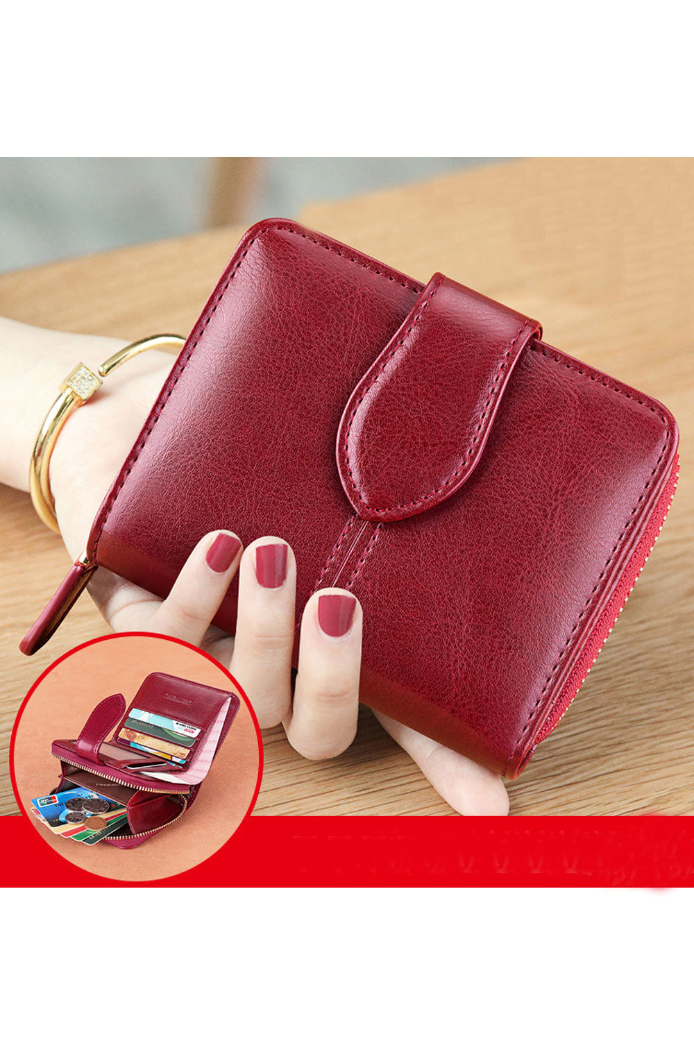 This women wallet is very cute and small in size. It has sections to keep cash and cards. Secured with zipper and flap button cl