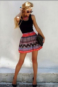Women Round Neck Printed Skirt Sleeveless Short Dress