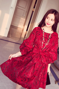 Women Printed Cloth Belt Knee Long Comfortable Dress