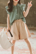 Kids Girls Elasticated Waist Solid Pattern Button Closure Outfit