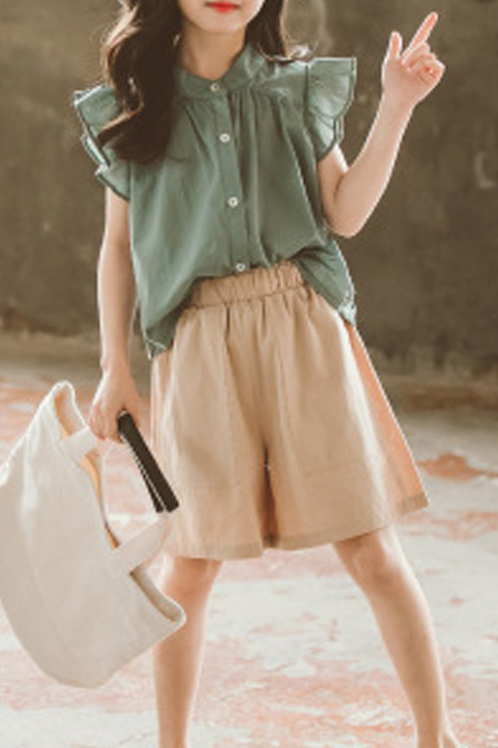 Kids Girls Elasticated Waist Solid Pattern Button Closure Outfit