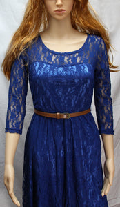 Women Crochet Lace Round Neck Pleated Skirt Dress