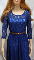 Women Crochet Lace Round Neck Pleated Skirt Dress