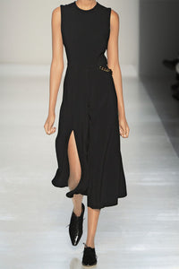 Women Modern Side Slit Round Neck Long Dress