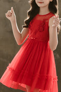 Kid Girls See Through Neck Pleated Short Princess Dress