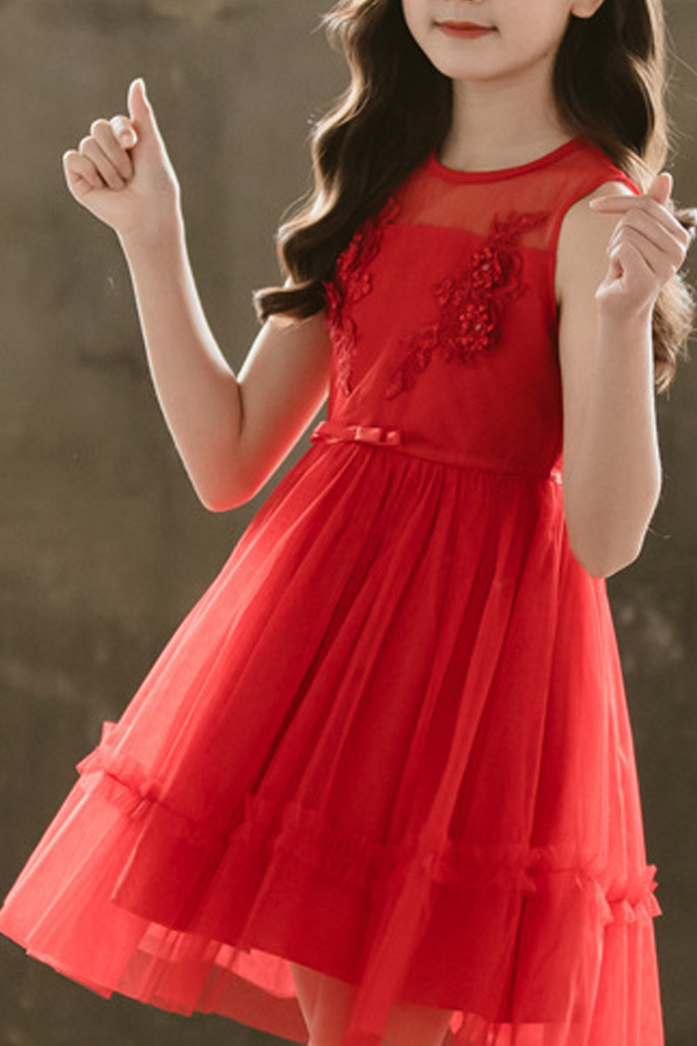 Kid Girls See Through Neck Pleated Short Princess Dress