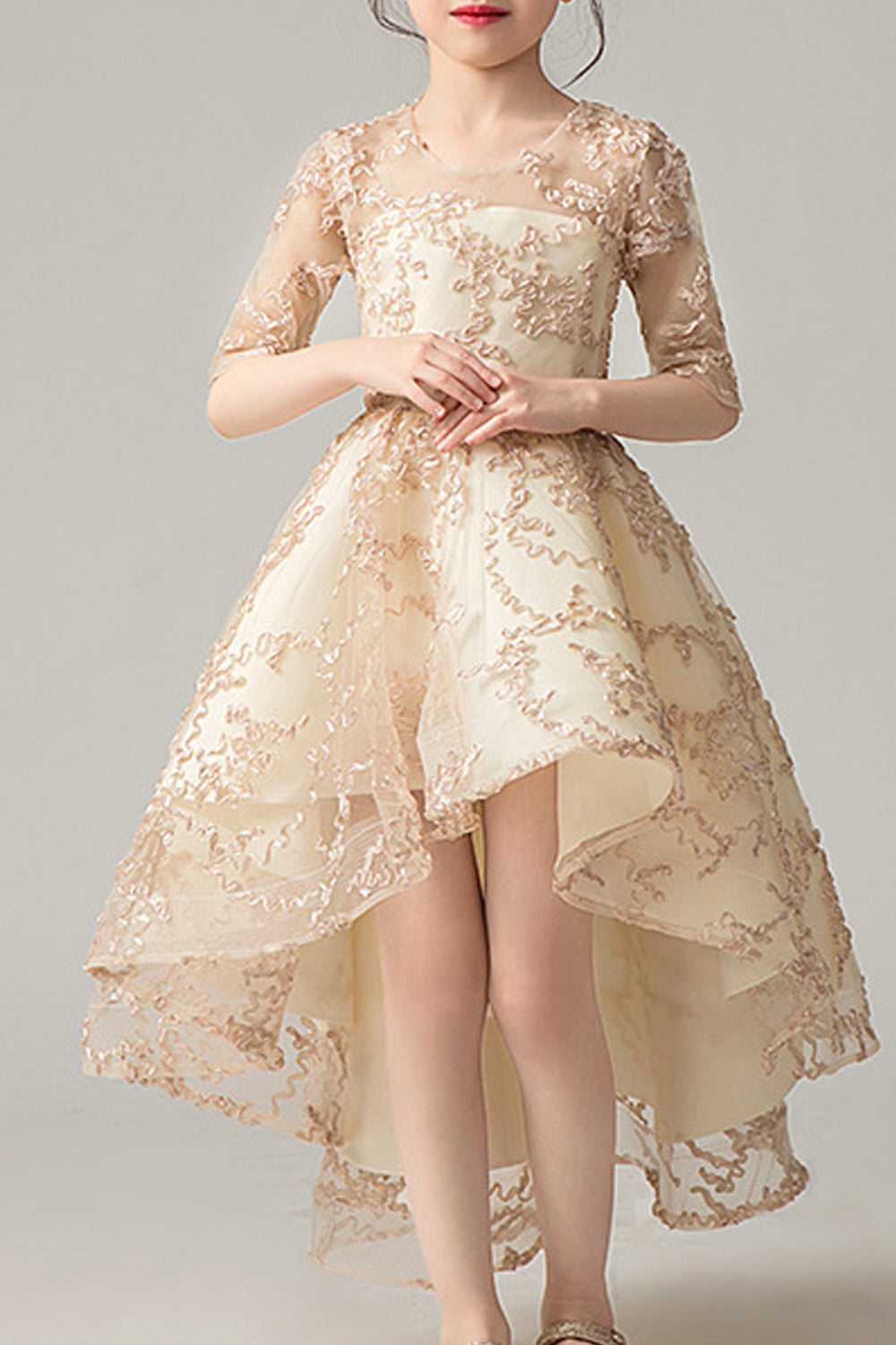 Kids Girls Short Sleeve Lace Decorated Evening Dress