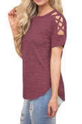 Women Round Neck Hollow Style Sleeve Solid Colored Soft T-Shirt