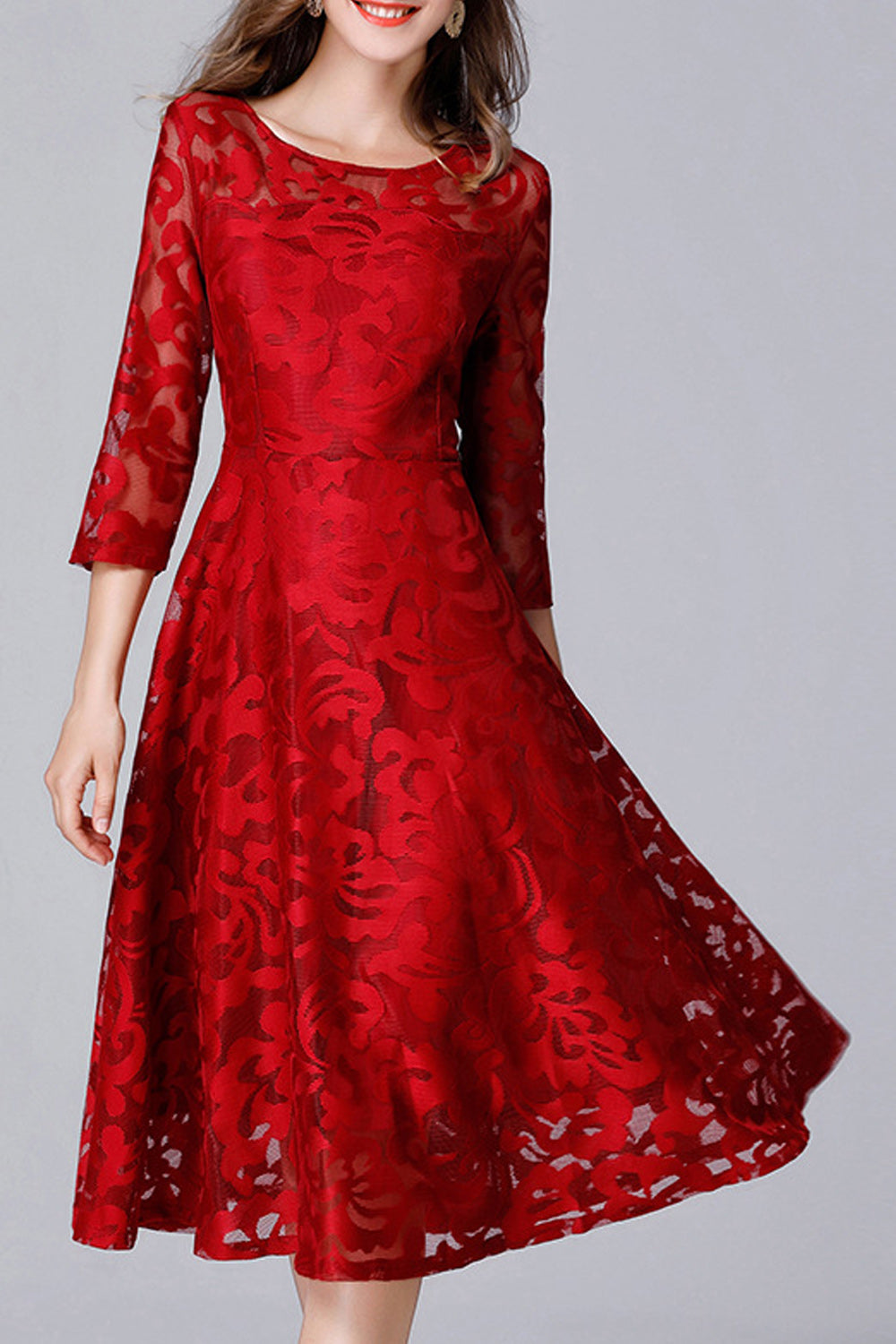 Women Beautiful Lace Pattern Round Neck Solid Color Dress