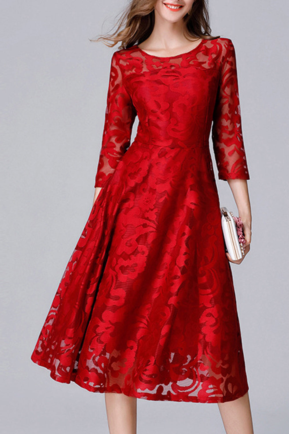 Women Beautiful Lace Pattern Round Neck Solid Color Dress