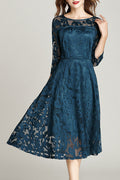Women Beautiful Lace Pattern Round Neck Solid Color Dress