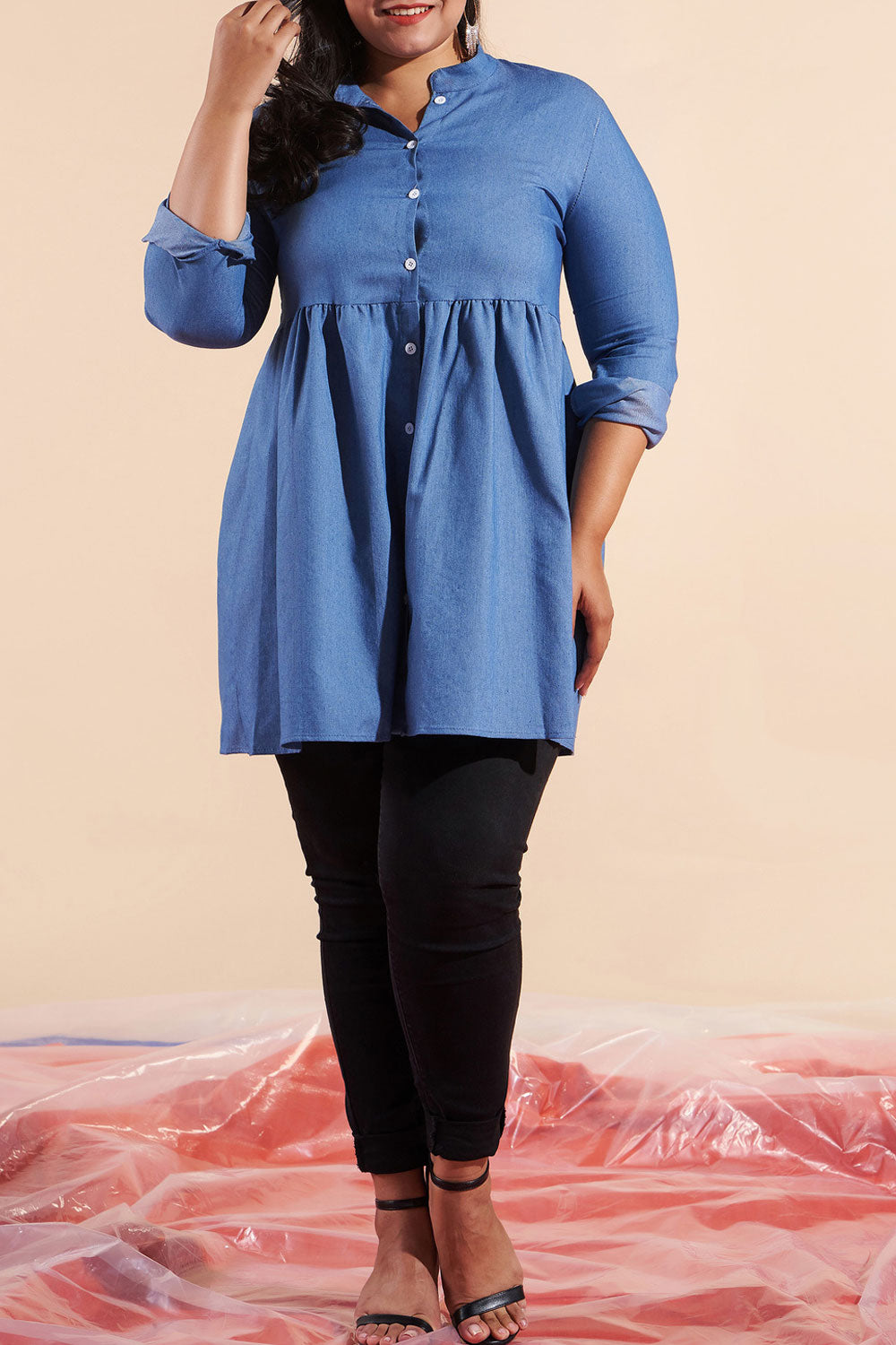 Women Plus Collar Neck Pleated Long Sleeve Fashion Top