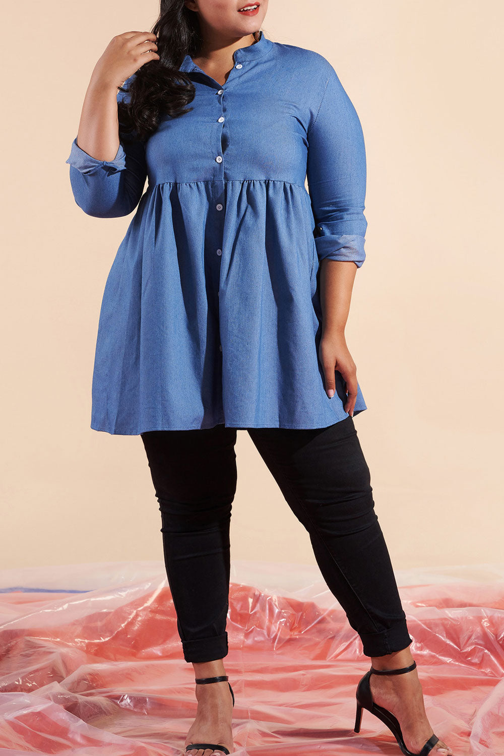 Women Plus Collar Neck Pleated Long Sleeve Fashion Top