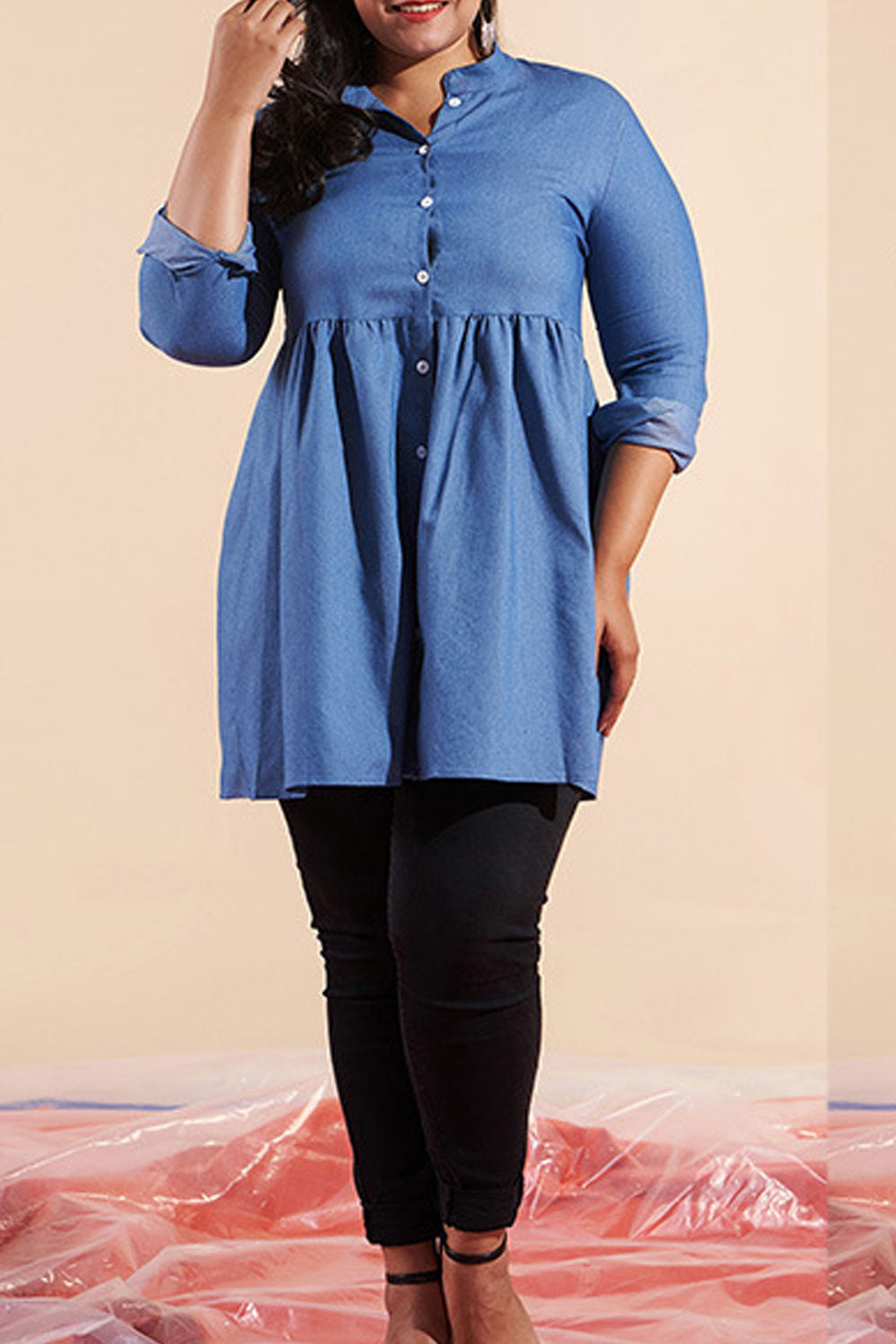 Women Plus Collar Neck Pleated Long Sleeve Fashion Top