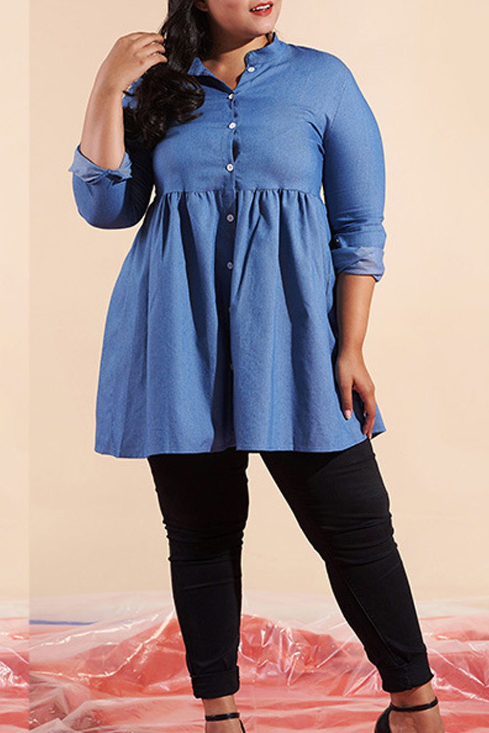 Women Plus Collar Neck Pleated Long Sleeve Fashion Top