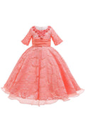 Kids Girls Flower Neck Elbow Sleeve Party Dress