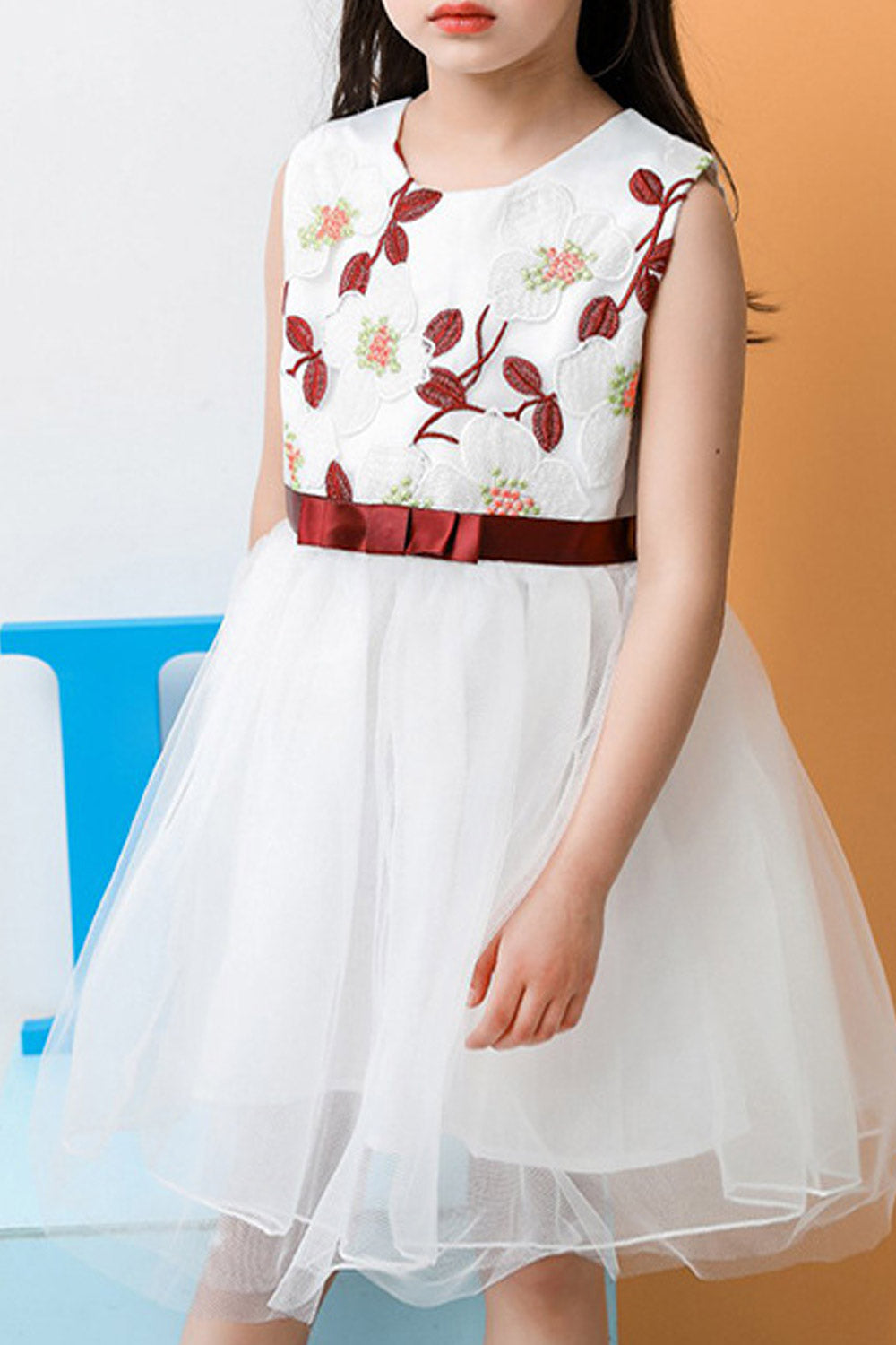 Kids Girls Tie Waist Embroidered Lace Fashion Dress
