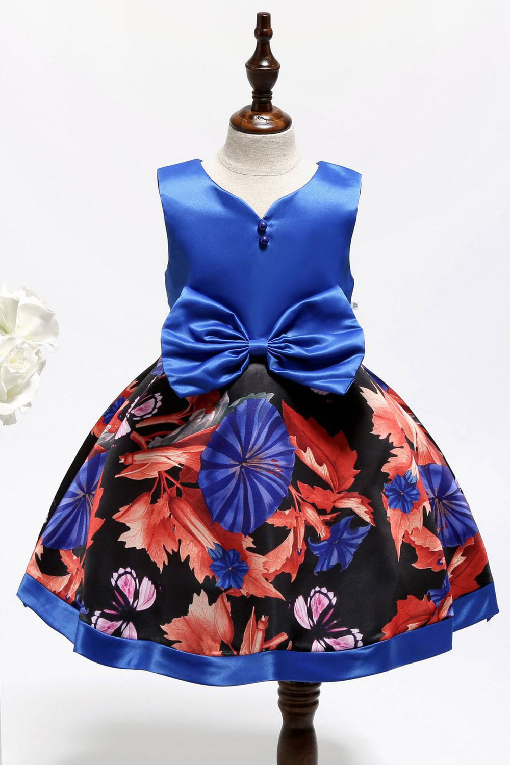 Kids Girls Big Bow Button Attached Floral Dress