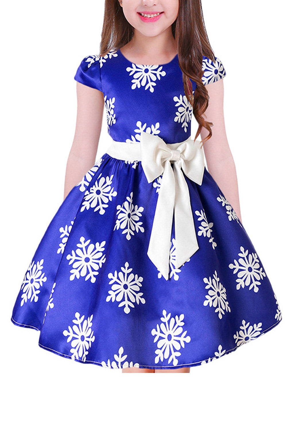 KIds Girls Zipper Back Silk Bow Printed Dress