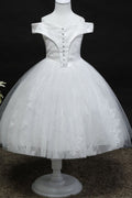 Kids Girls Off Neck Buttons Attached Ball Gown Dress