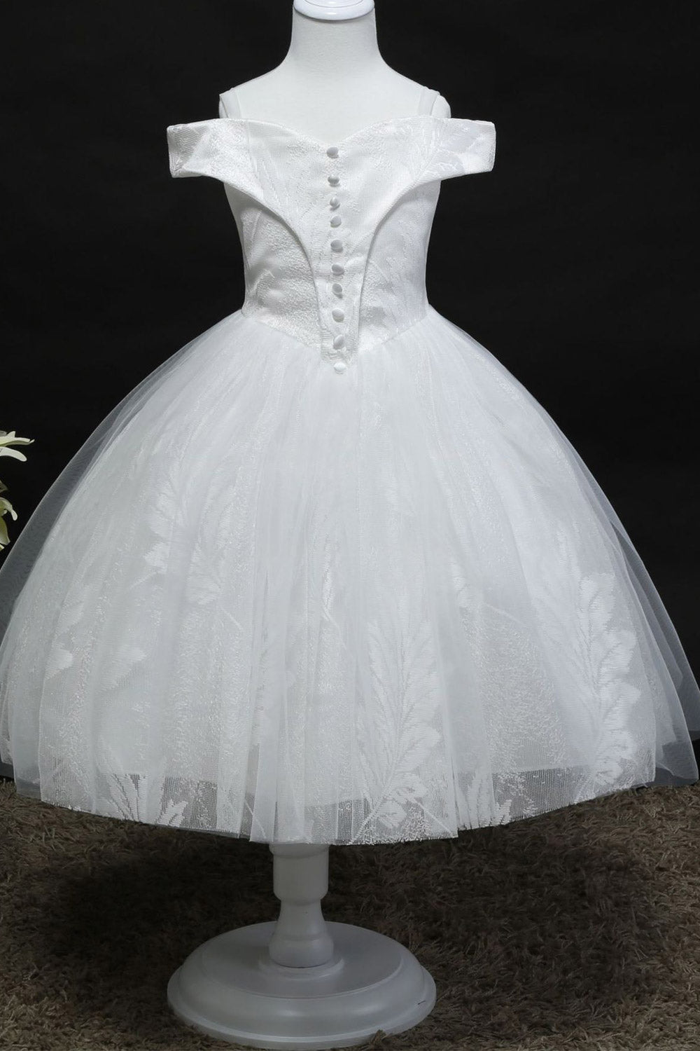 Kids Girls Off Neck Buttons Attached Ball Gown Dress
