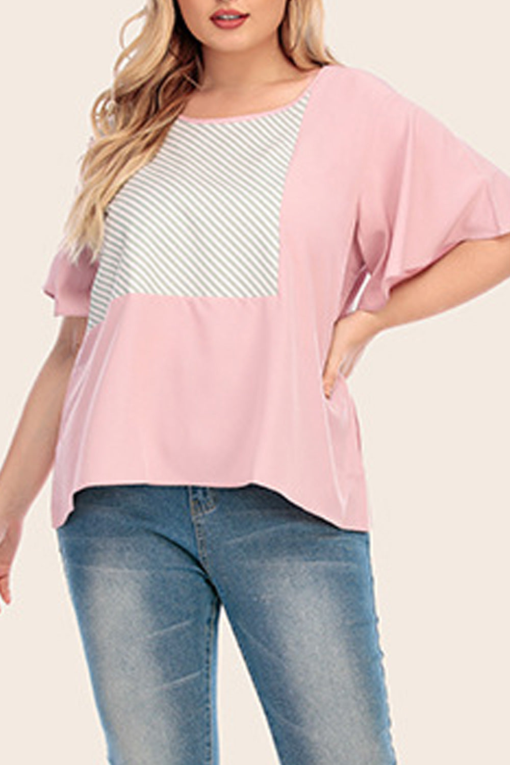 Women Loose Short Sleeve Stripe Printed Round Neck Comfy T-Shirt
