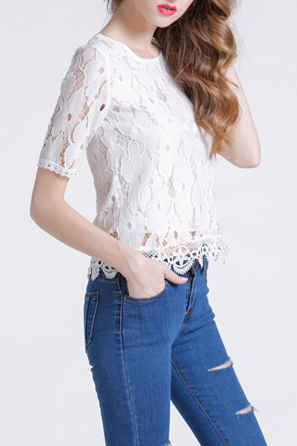 Women Short Sleeve Lace Hem Classy Round Neck T-Shirt
