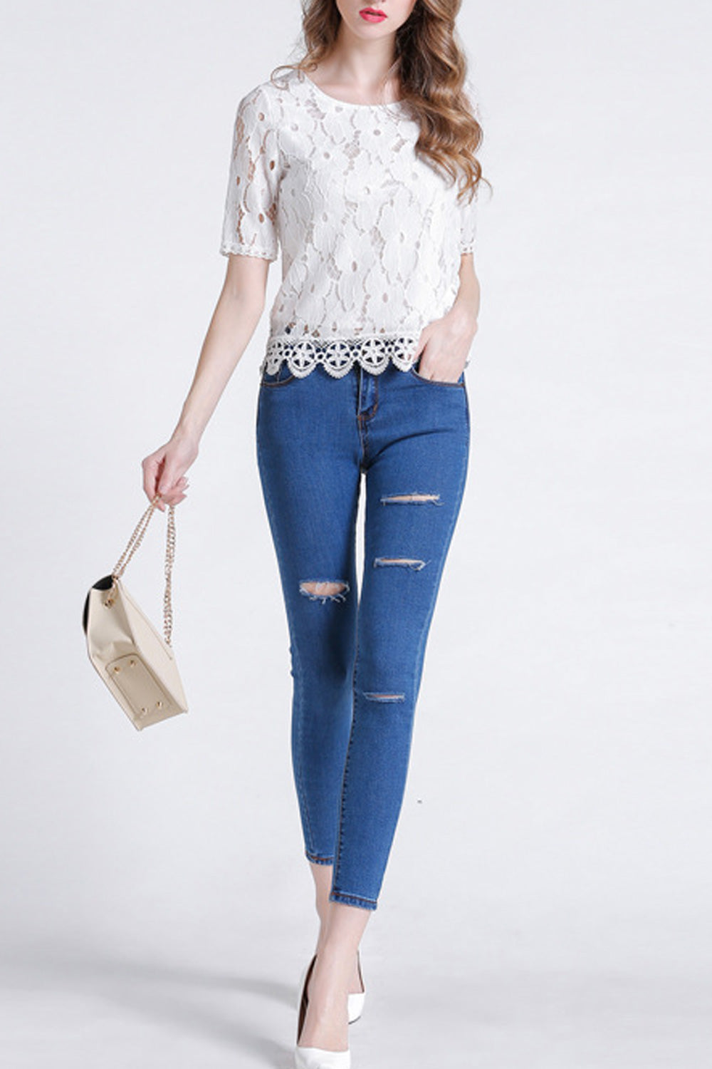 Women Short Sleeve Lace Hem Classy Round Neck T-Shirt