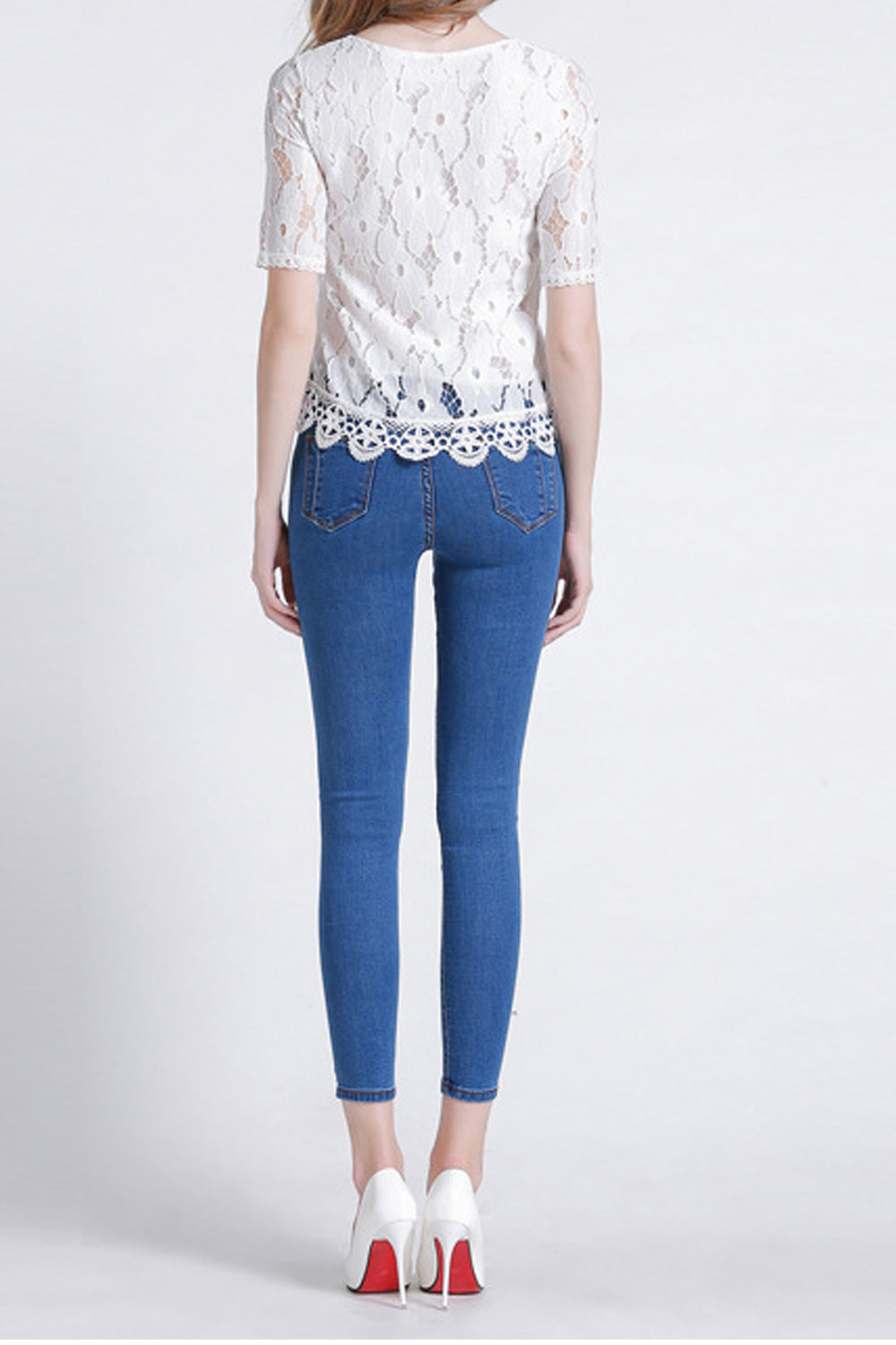 Women Short Sleeve Lace Hem Classy Round Neck T-Shirt