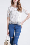 Women Short Sleeve Lace Hem Classy Round Neck T-Shirt