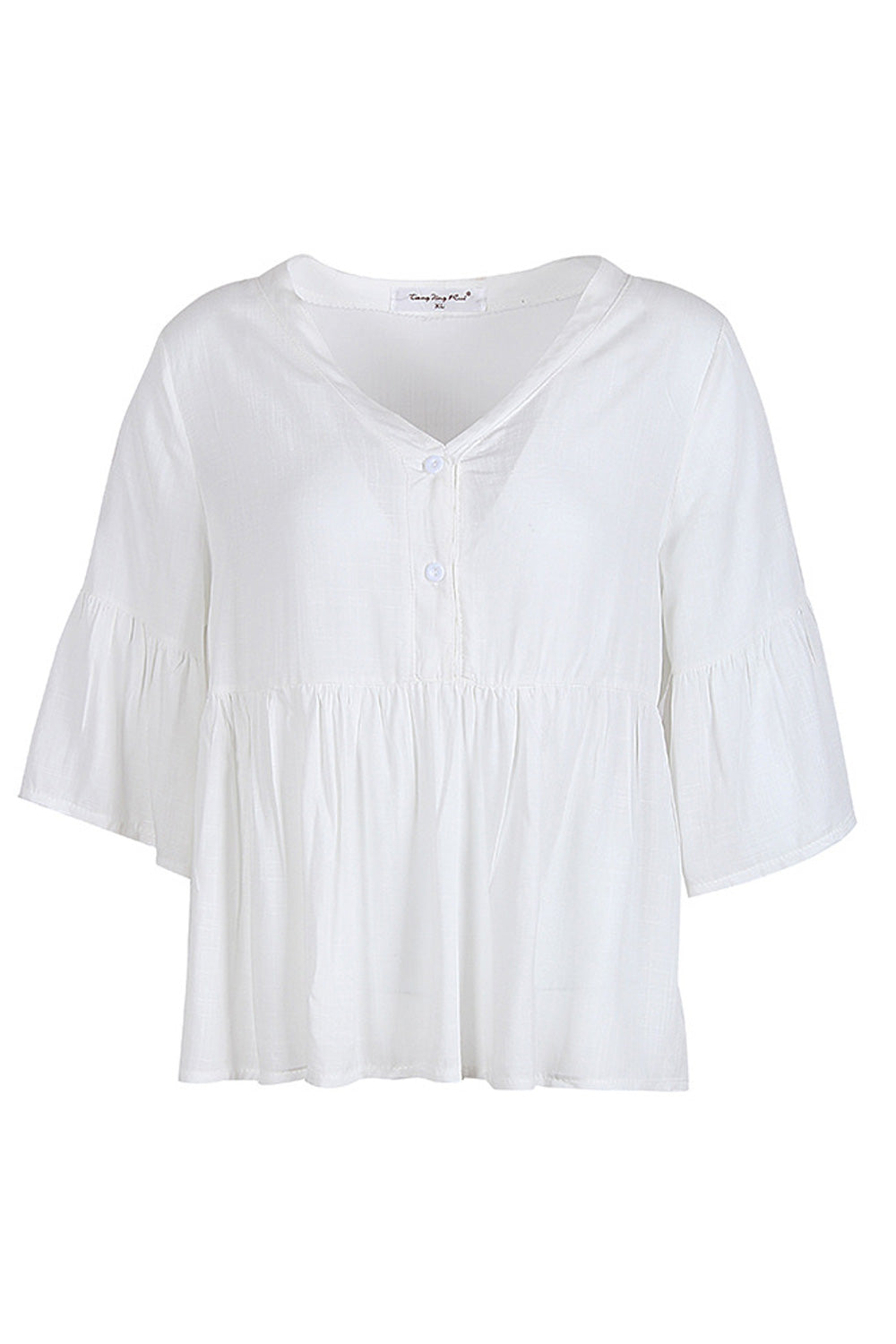 Women V-Neck Style Short Loose Sleeve Button Closure Shirt