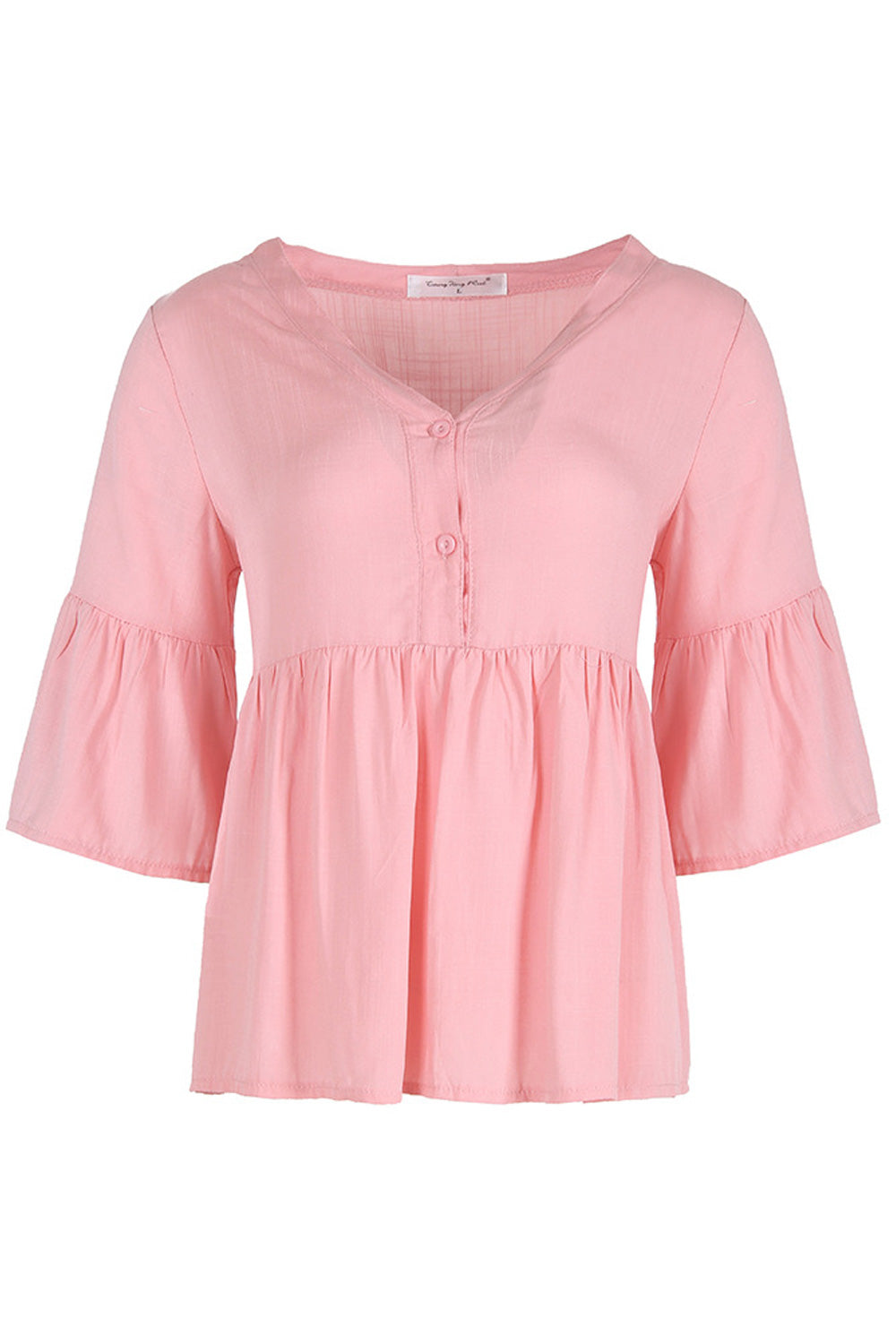 Women V-Neck Style Short Loose Sleeve Button Closure Shirt