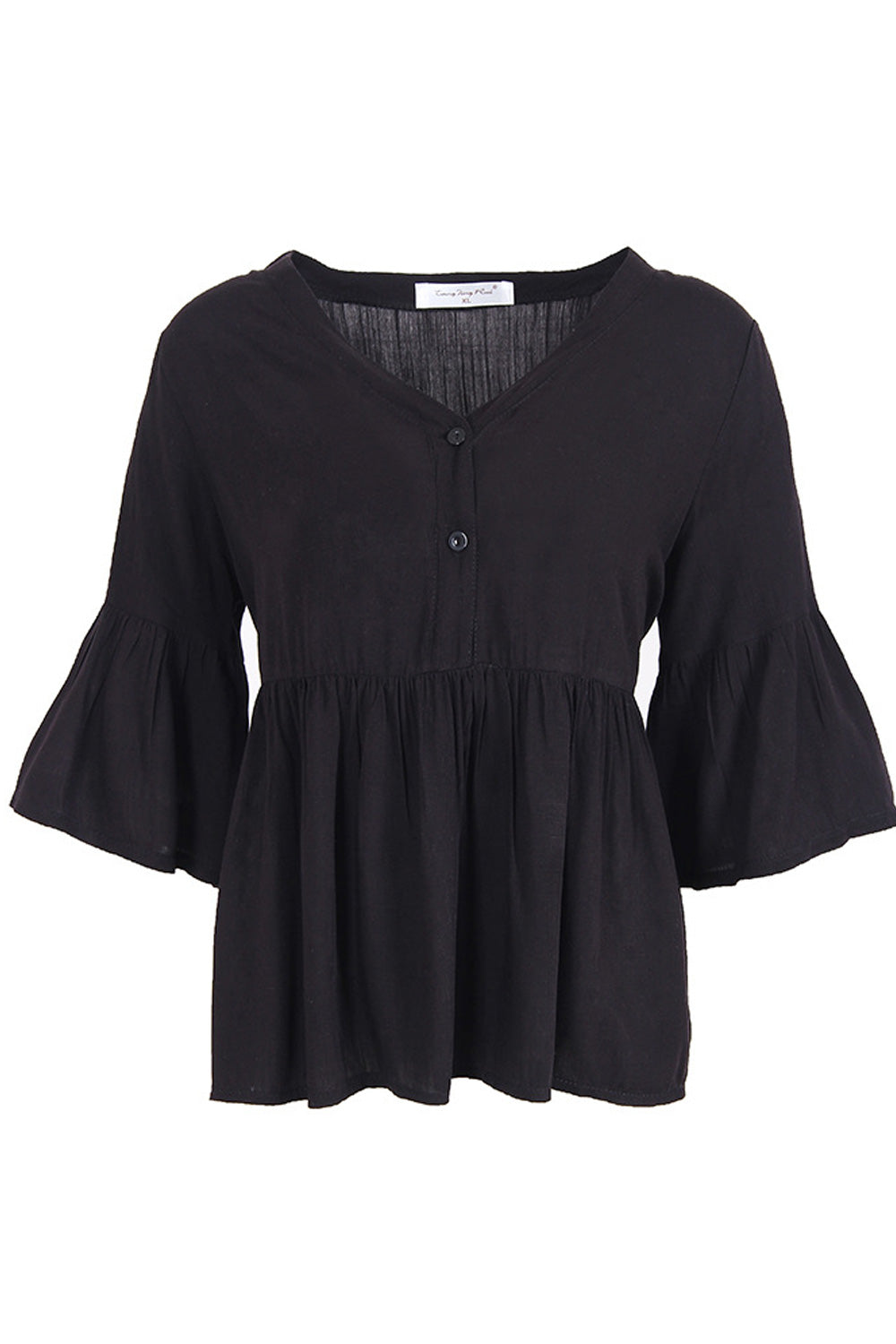 Women V-Neck Style Short Loose Sleeve Button Closure Shirt